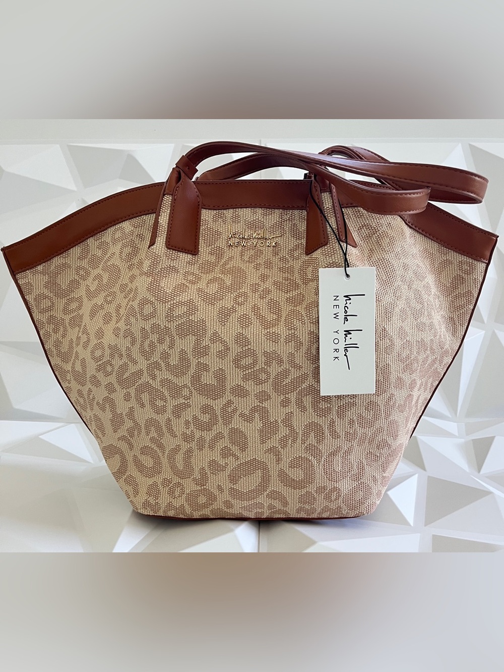 Nicole Miller Beige Tan Jacquard Tote with Brown Trim
